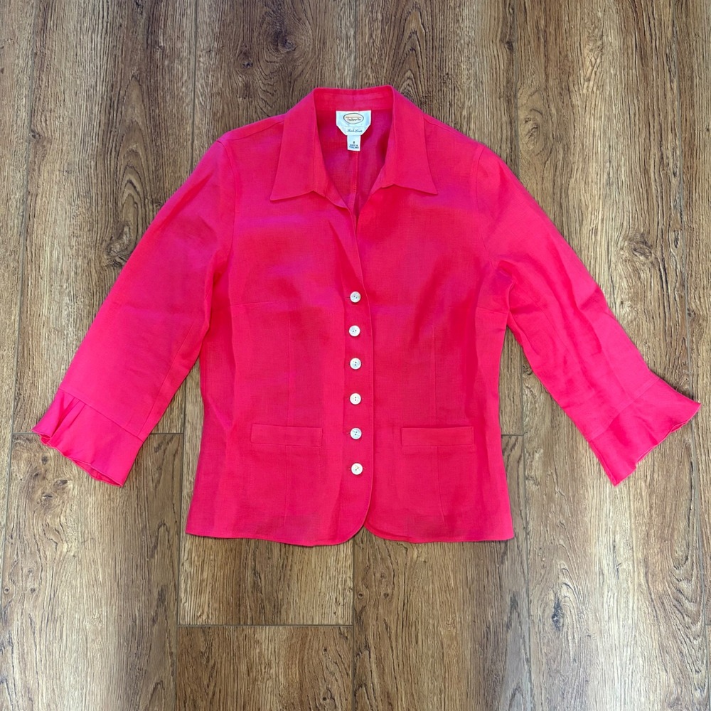 Talbots 100% Irish Linen Pink Button Front‎ Ruffle Cuff Top Womens Size 8 Career